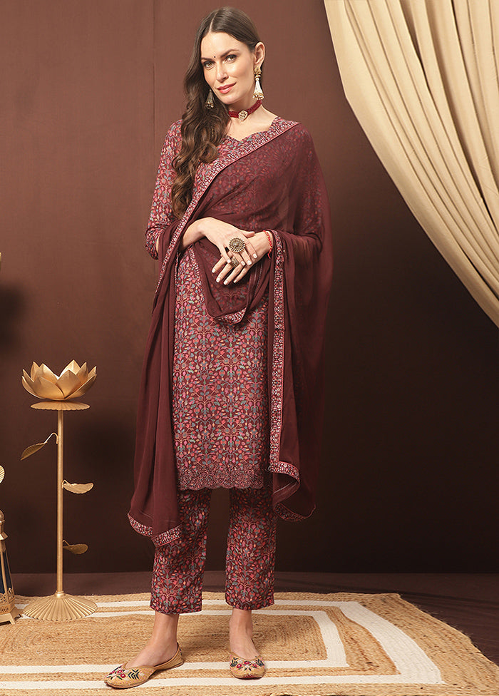 3 Pc Maroon Unstitched Silk Suit Set With Dupatta VDSL3001234 - Indian Silk House Agencies