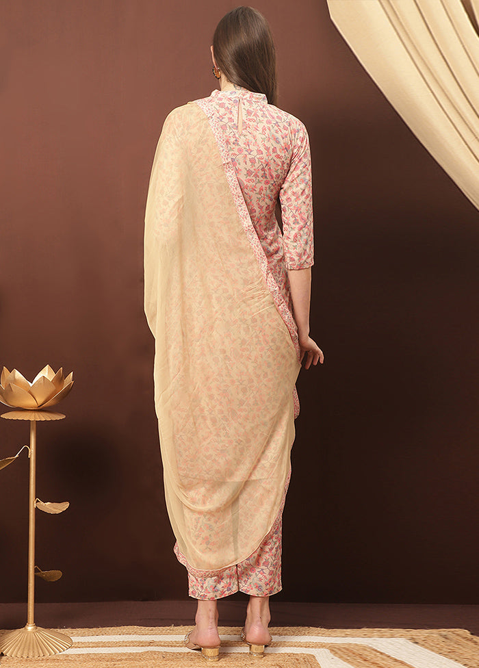3 Pc Beige Unstitched Silk Suit Set With Dupatta VDSL3001235 - Indian Silk House Agencies