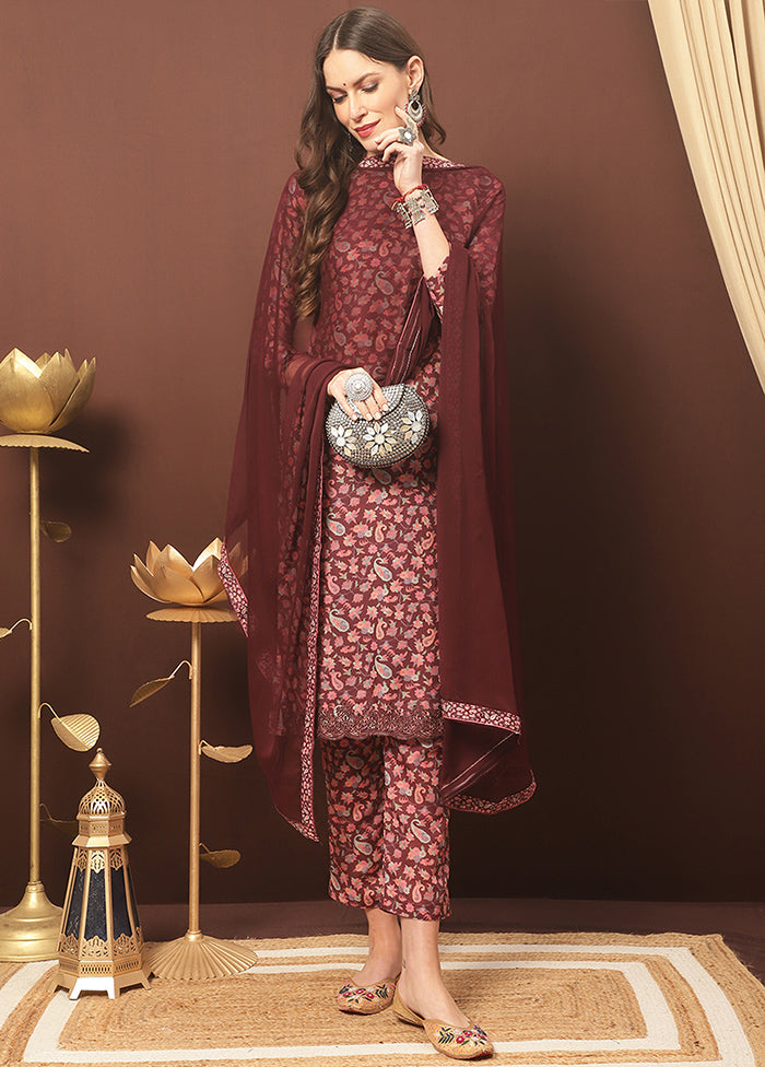 3 Pc Maroon Unstitched Silk Suit Set With Dupatta VDSL3001236 - Indian Silk House Agencies