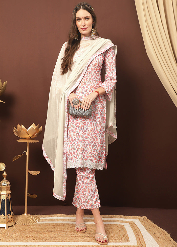 3 Pc Off White Unstitched Silk Suit Set With Dupatta VDSL3001238 - Indian Silk House Agencies