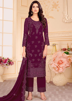 Wine Red 3 Pc Unstitched Georgette Suit Set With Dupatta VDSL0402231 - Indian Silk House Agencies