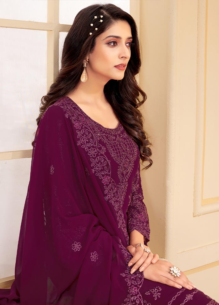 Wine Red 3 Pc Unstitched Georgette Suit Set With Dupatta VDSL0402231 - Indian Silk House Agencies