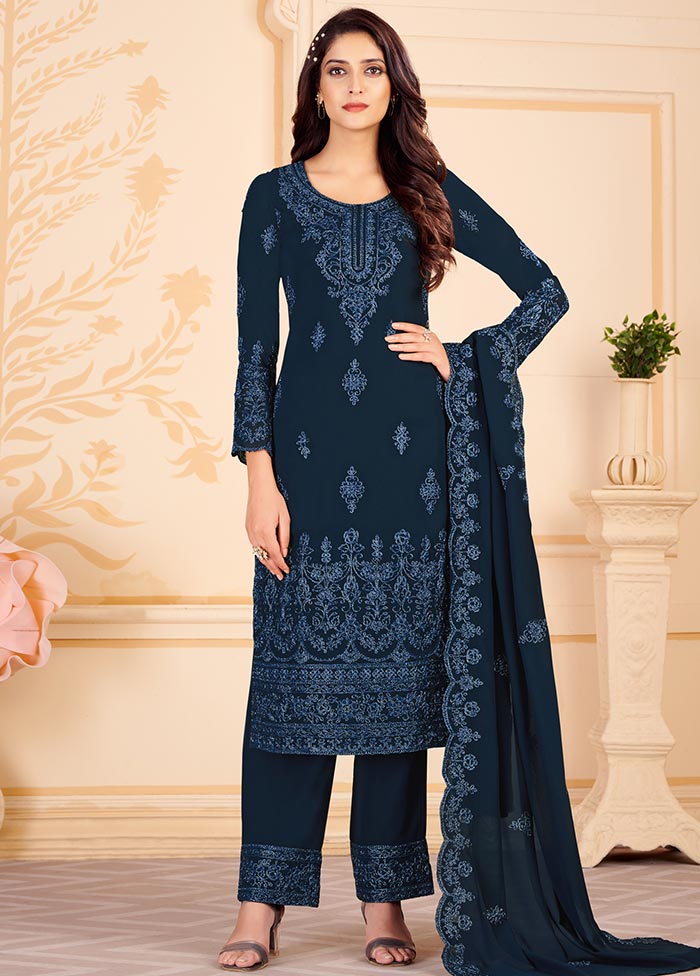 Navy Blue 3 Pc Unstitched Georgette Suit Set With Dupatta VDSL0402233 - Indian Silk House Agencies
