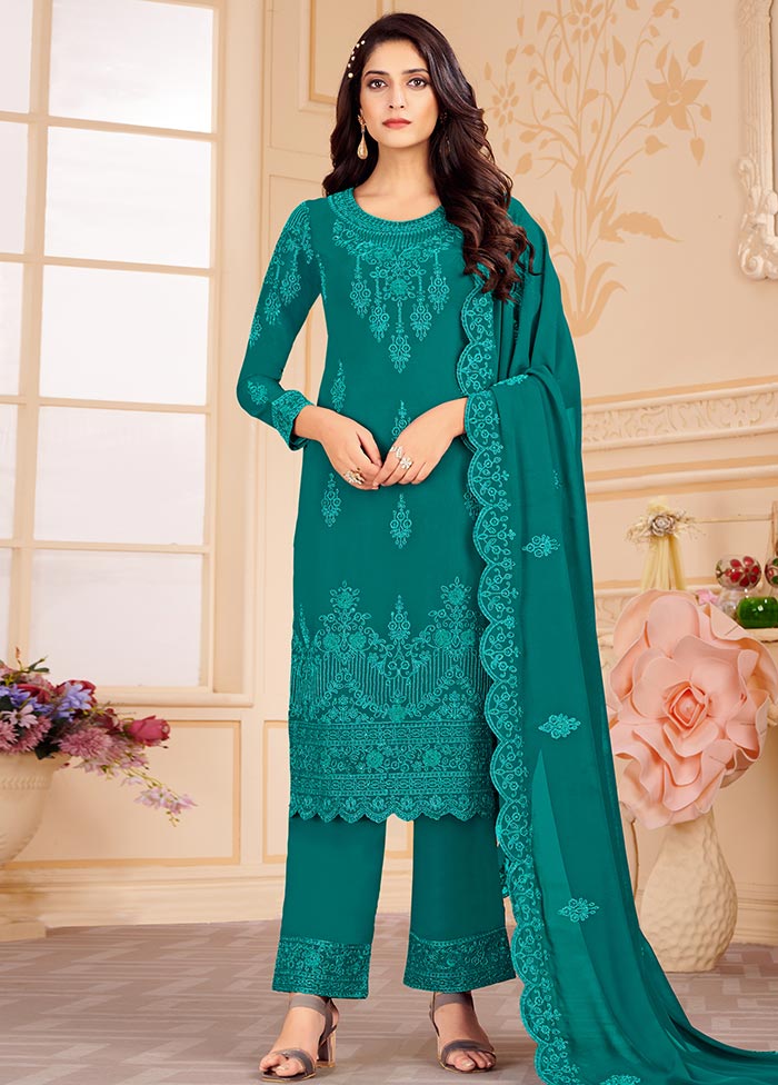 Green 3 Pc Unstitched Georgette Suit Set With Dupatta VDSL0402236 - Indian Silk House Agencies