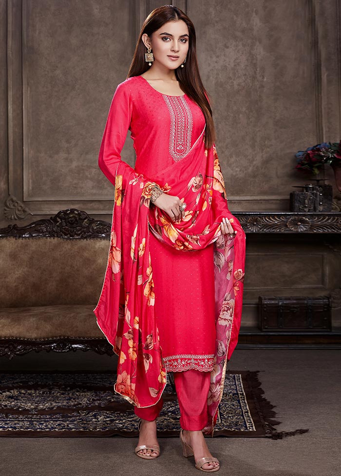 Magenta 3 Pc Unstitched Muslin Suit Set With Dupatta VDSL0402238 - Indian Silk House Agencies