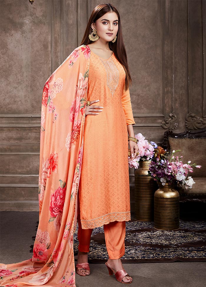 3 Pc Peach Unstitched Silk Suit Set