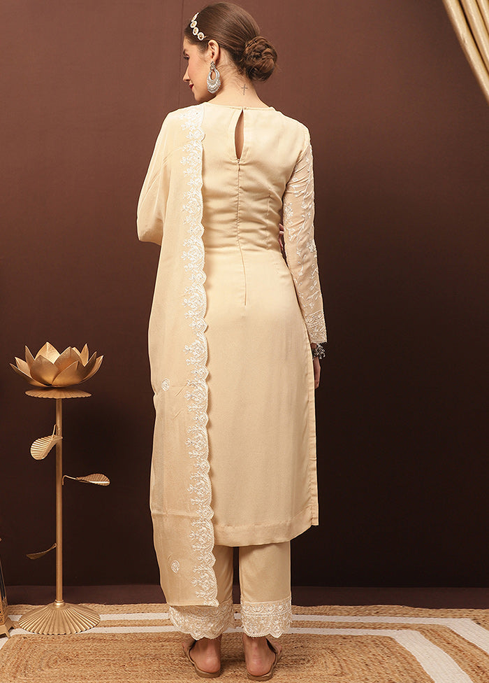 3 Pc Beige Unstitched Suit Set With Dupatta VDSL1002235 - Indian Silk House Agencies
