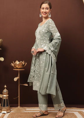 3 Pc Grey Unstitched Suit Set With Dupatta VDSL1002236 - Indian Silk House Agencies