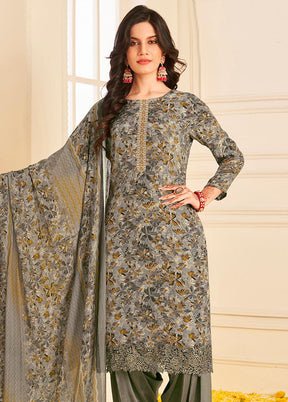 3 Pc Grey Unstitched Pure Silk Suit Set