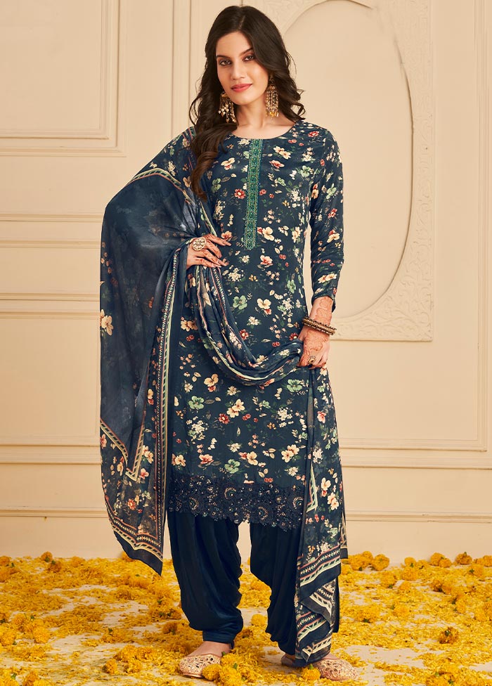 3 Pc Unstitched Navy Blue Crepe Suit Set With Dupatta VDSL0702235 - Indian Silk House Agencies