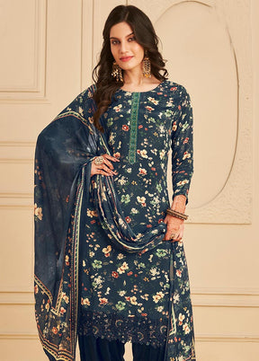 3 Pc Unstitched Navy Blue Crepe Suit Set With Dupatta VDSL0702235 - Indian Silk House Agencies