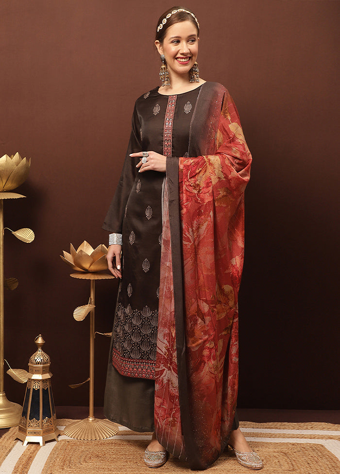 3 Pc Brown Unstitched Santoon Suit Set - Indian Silk House Agencies