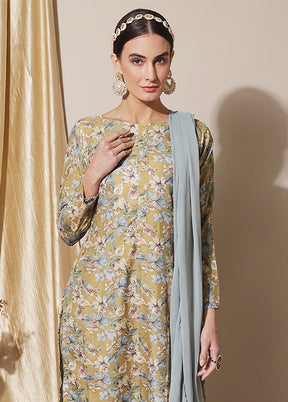 3 Pc Mustard Unstitched Silk Suit Set