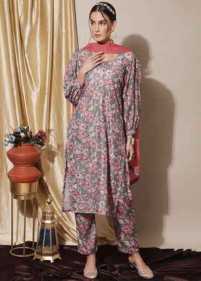 3 Pc Grey Unstitched Silk Suit Set