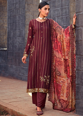 3 Pc Maroon Unstitched Silk Suit Set