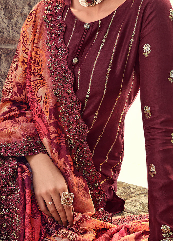 3 Pc Maroon Unstitched Silk Suit Set