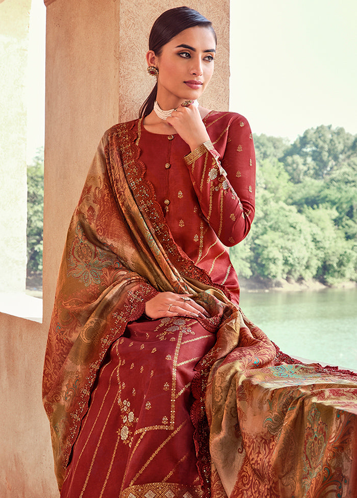 3 Pc Rust Unstitched Silk Suit Set