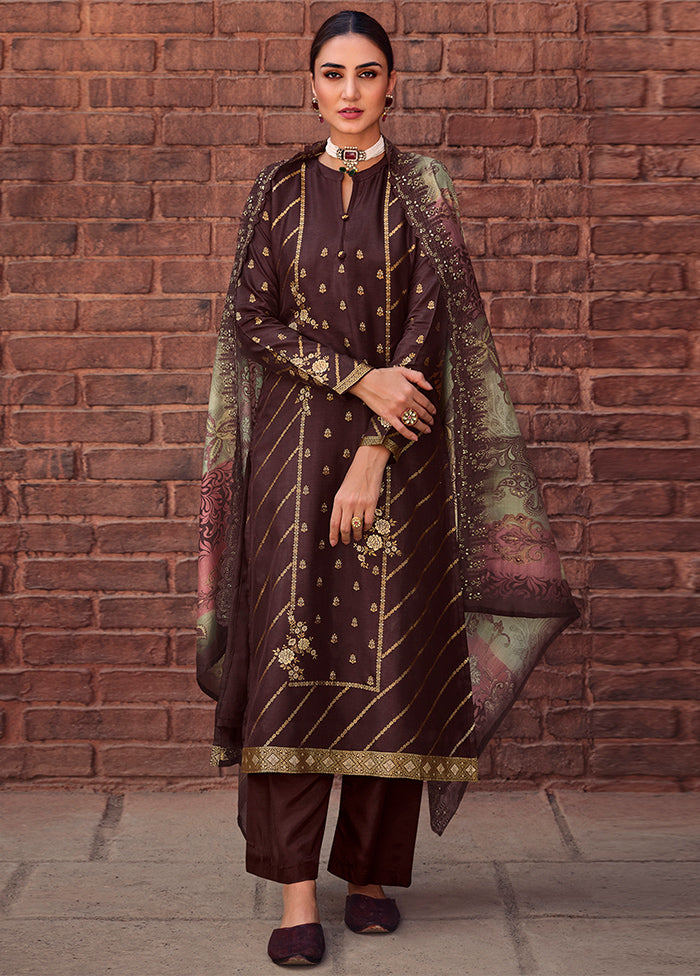3 Pc Brown Unstitched Suit Set With Dupatta VDSL0103234 - Indian Silk House Agencies