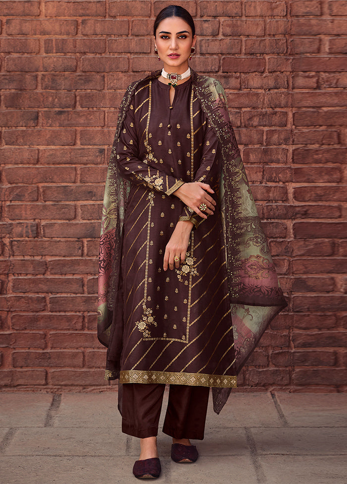 3 Pc Brown Unstitched Silk Suit Set