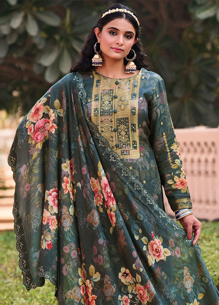 3 Pc Green Unstitched Pure Silk Suit Set