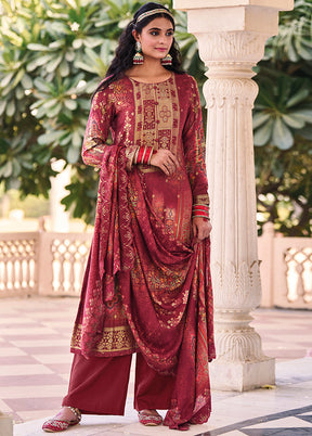 3 Pc Maroon Unstitched Pure Silk Suit Set