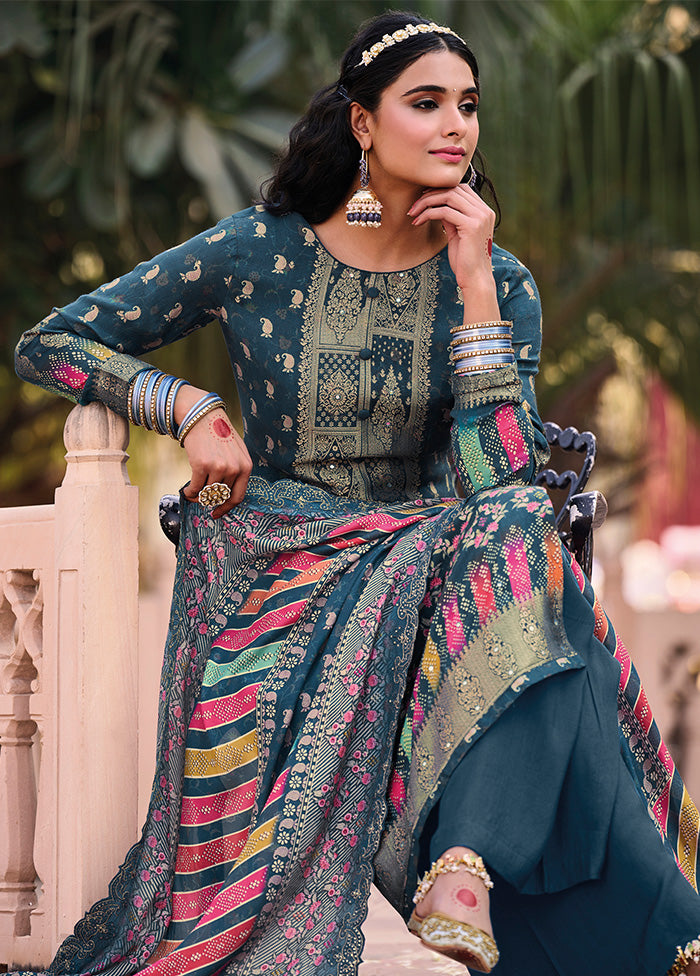 3 Pc Blue Unstitched Pure Silk Suit Set