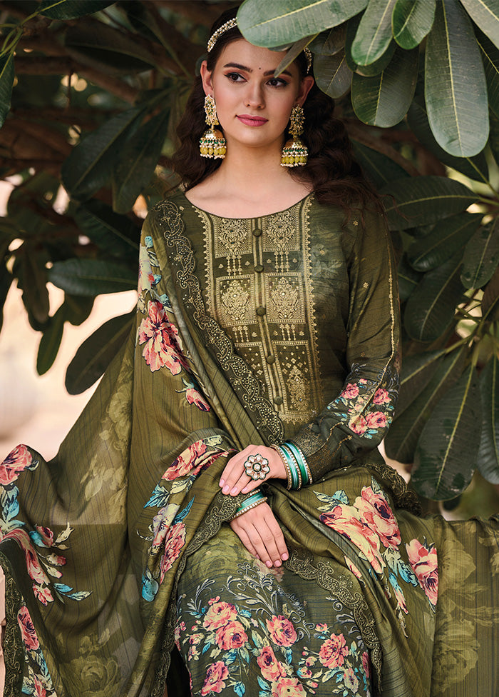 3 Pc Olive Green Unstitched Suit Set With Dupatta VDSL0103240 - Indian Silk House Agencies