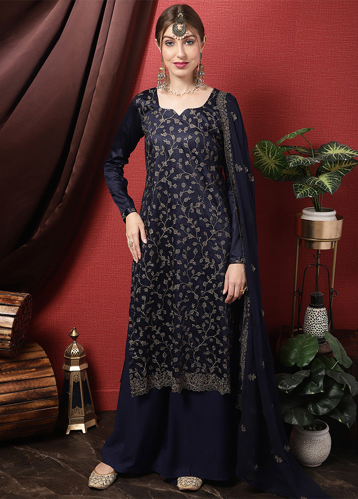 3 Pc Navy Blue Unstitched Cotton Suit Set