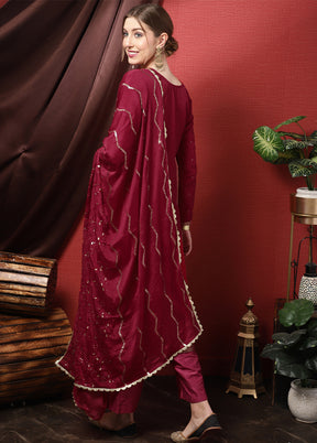 3 Pc Maroon Unstitched Pure Santoon Suit Set - Indian Silk House Agencies