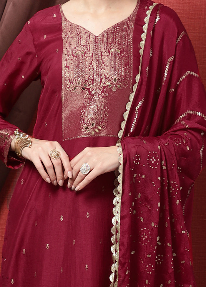 3 Pc Maroon Unstitched Pure Santoon Suit Set - Indian Silk House Agencies