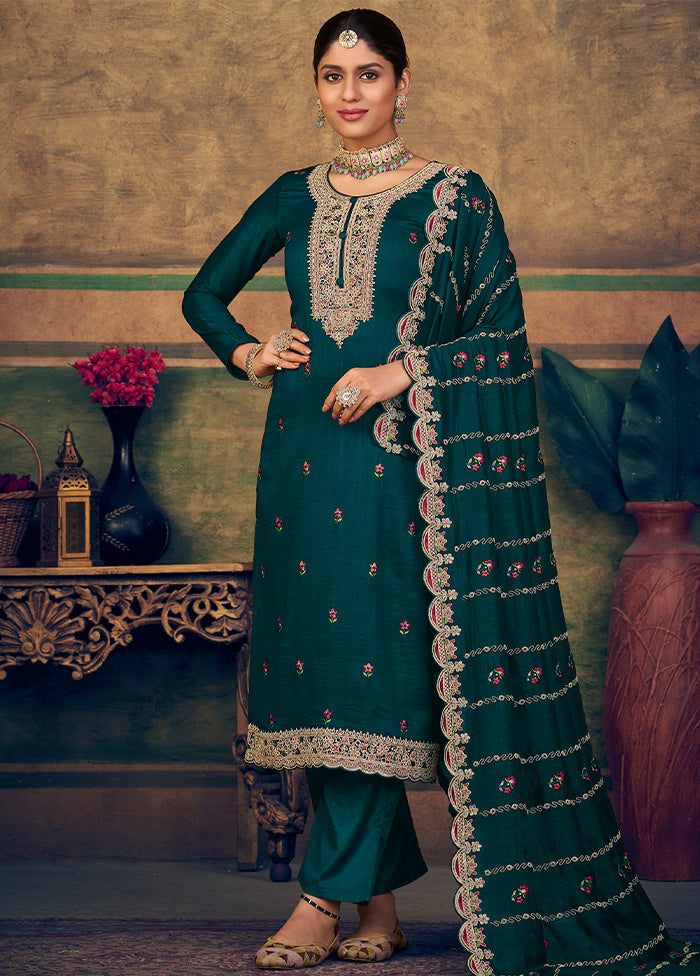 3 Pc Sea Green Unstitched Suit Set With Dupatta VDSL2503239 - Indian Silk House Agencies