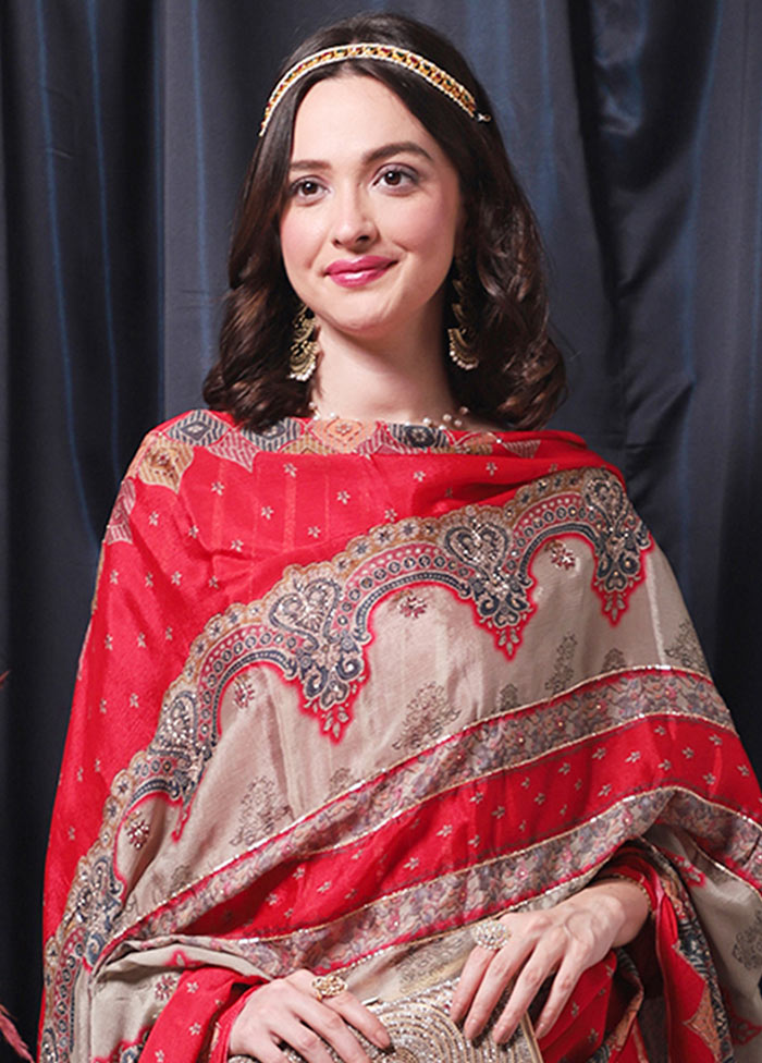3 Pc Red Unstitched Salwar Suit Set With Dupatta VDSL0604231 - Indian Silk House Agencies