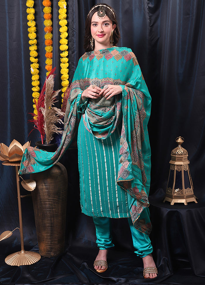 3 Pc Turquoise Unstitched Salwar Suit Set With Dupatta VDSL0604232 - Indian Silk House Agencies