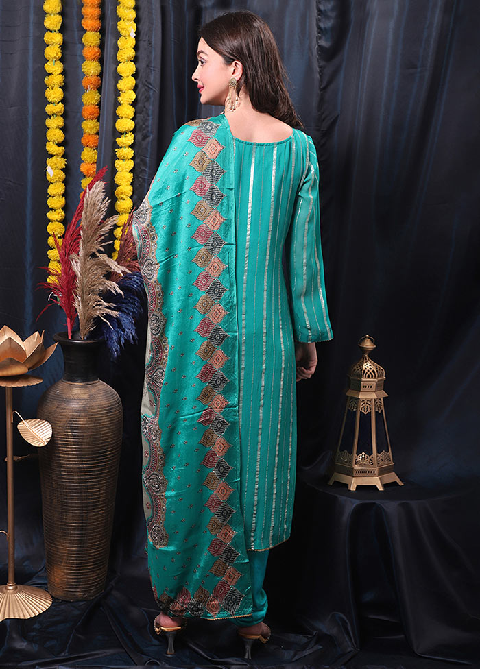 3 Pc Turquoise Unstitched Salwar Suit Set With Dupatta VDSL0604232 - Indian Silk House Agencies