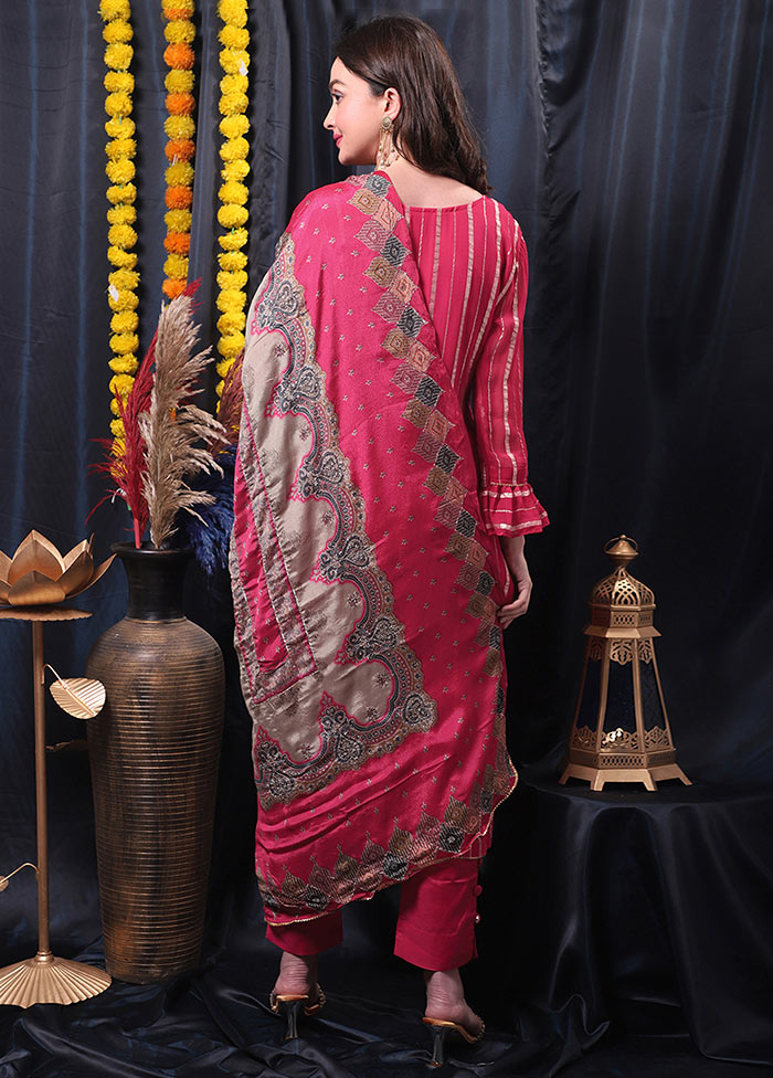 3 Pc Magenta Unstitched Salwar Suit Set With Dupatta VDSL0604233 - Indian Silk House Agencies