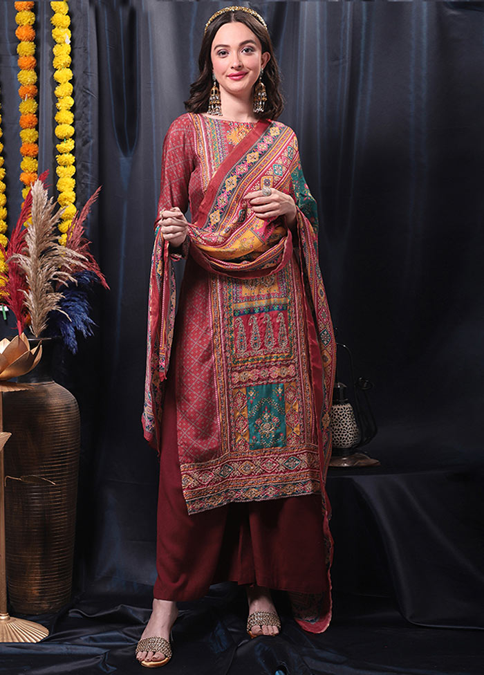 3 Pc Red Unstitched Salwar Suit Set With Dupatta VDSL0604235 - Indian Silk House Agencies