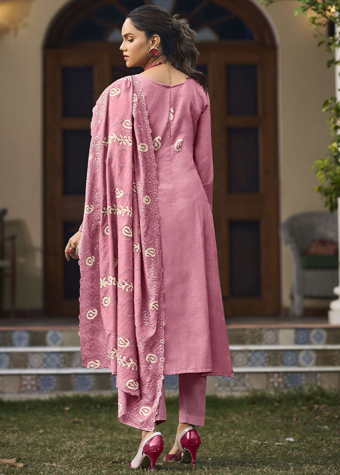 3 Pc Pink Unstitched Pure Cotton Thread Work Suit Set VDSL08052023 - Indian Silk House Agencies