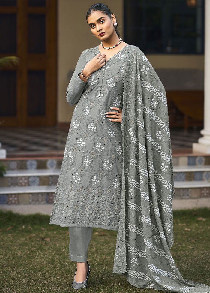 3 Pc Grey Unstitched Pure Cotton Thread Work Suit Set VDSL08052024 - Indian Silk House Agencies