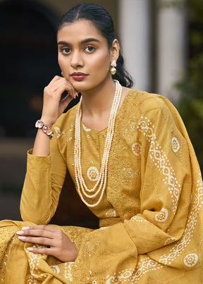 3 Pc Yellow Unstitched Pure Cotton Thread Work Suit Set VDSL08052025 - Indian Silk House Agencies