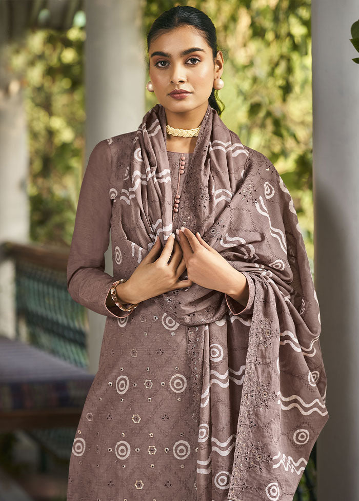 3 Pc Brown Unstitched Pure Cotton Thread Work Suit Set VDSL08052027 - Indian Silk House Agencies