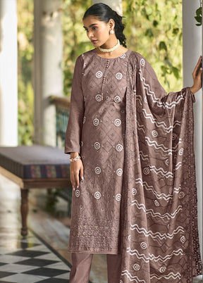 3 Pc Brown Unstitched Pure Cotton Thread Work Suit Set VDSL08052027 - Indian Silk House Agencies