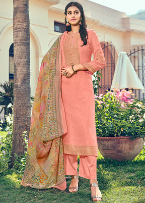 3 Pc Peach Unstitched Pure Silk Suit Set