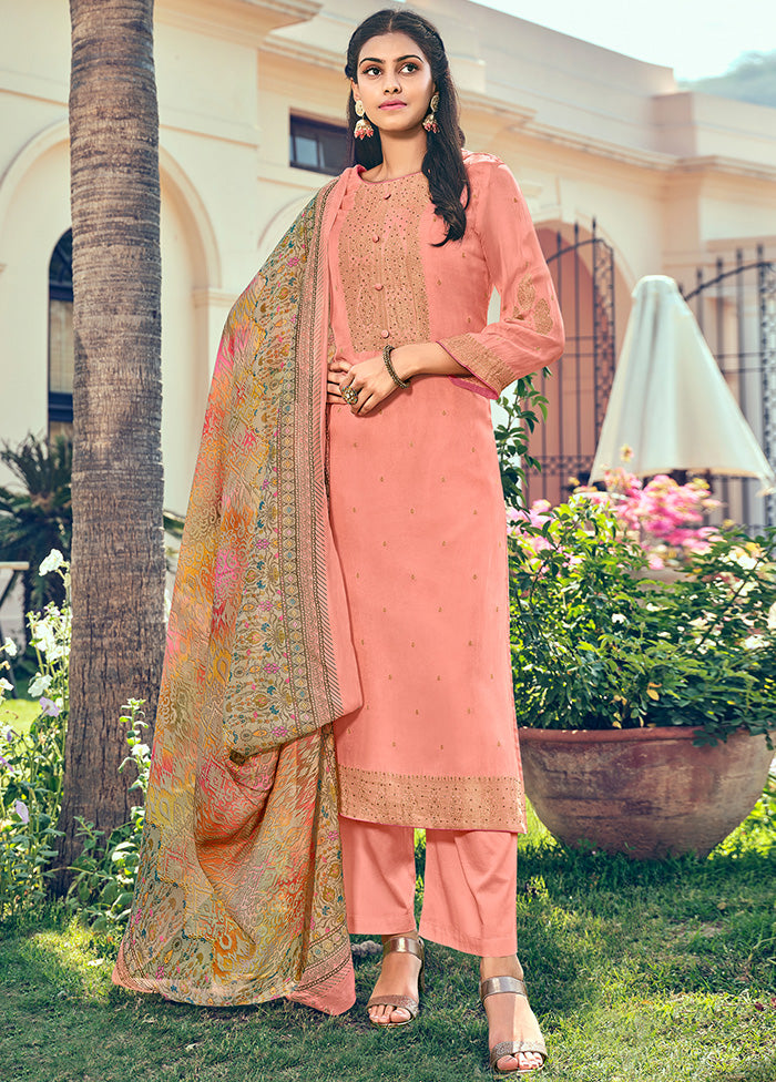 3 Pc Peach Unstitched Pure Silk Suit Set