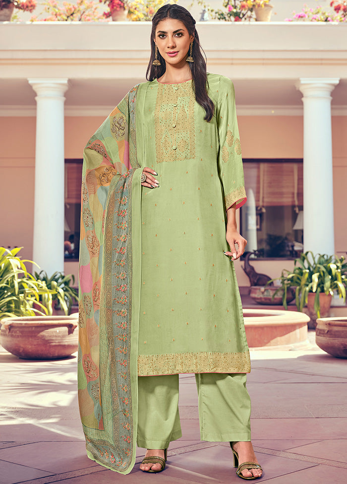 3 Pc Green Unstitched Pure Silk Suit Set