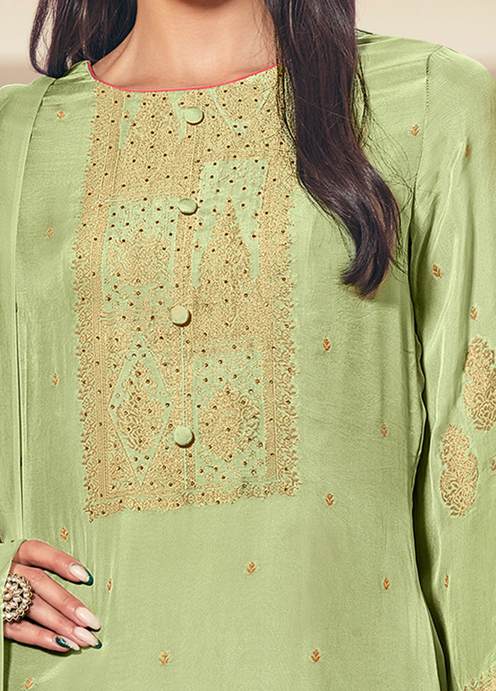 3 Pc Green Unstitched Pure Silk Suit Set