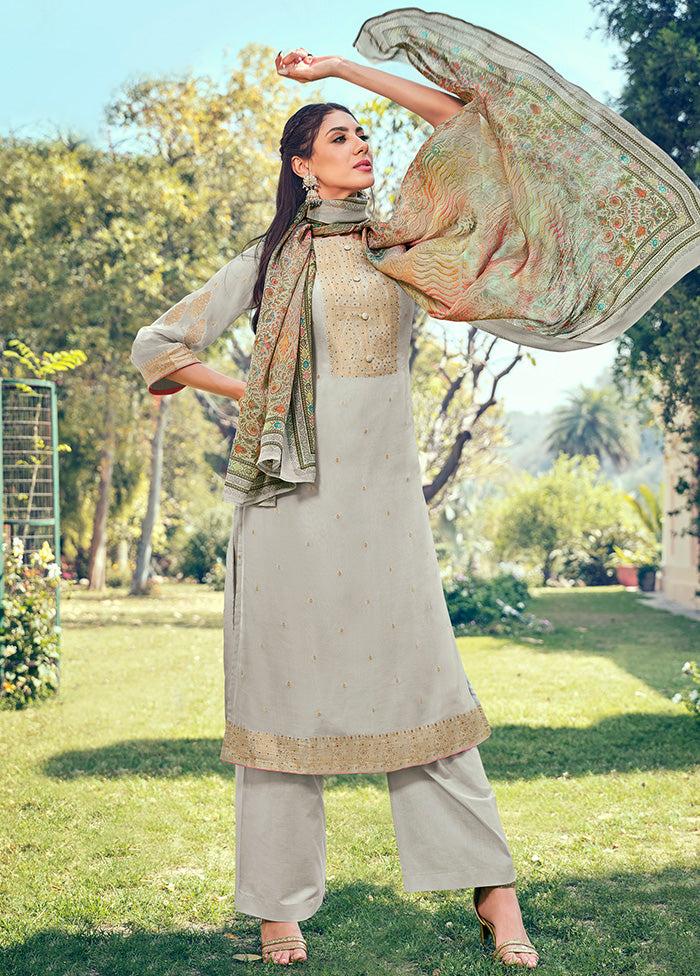 3 Pc Grey Unstitched Pure Silk Suit Set VDSL16052026 - Indian Silk House Agencies