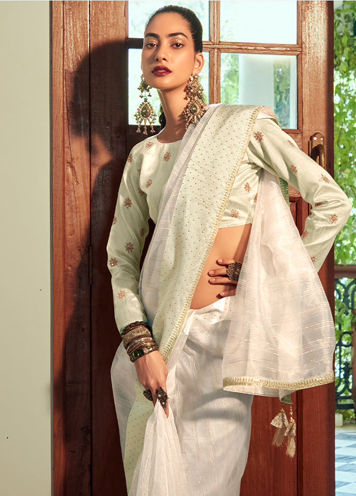 White Organza Embroidered Saree With Blouse Piece - Indian Silk House Agencies