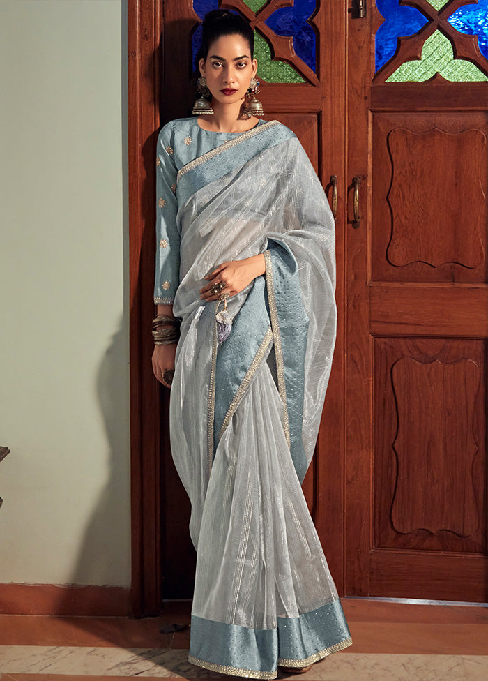 Grey Organza Embroidered Saree With Blouse Piece - Indian Silk House Agencies