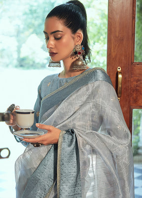 Grey Organza Embroidered Saree With Blouse Piece - Indian Silk House Agencies