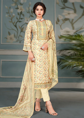3 Pc Cream Unstitched Cotton Suit Set VDSL25052023 - Indian Silk House Agencies